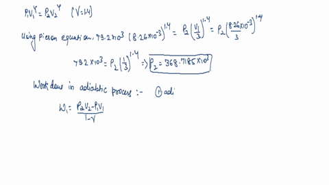 an-ideal-gas-with-140-occupies-826-l-at-335-k-and-792-kpa-pressure-its-compressed-adiabatically-to-one-third-of-its-original-volume-then-cooled-at-constant-volume-back-to-335k-finally-its-al-96278