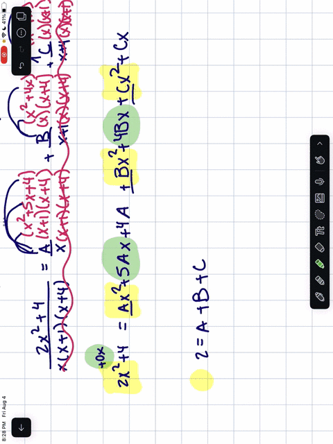 question-12-points-for-the-following-partial-fraction-decomposition-problem-you-are-given-the-setup-below-2x24-4-b-c-x3sx2ax-st-x4-solve-for-the-values-of-a-b-and-c-a-b-question-13-6-points-90545