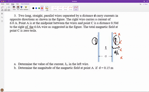 two-long-straight-parallel-wires-separated-by-a-distance-d-carry-currents-in-opposite-directions-as-shown-in-the-figure-the-right-wire-carries-current-of-60-a-point-a-is-at-the-midpoint-betw-76644