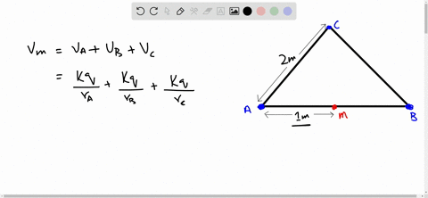 three-identical-point-charges-20-nc-are-placed-at-the-corners-of-an-equilateral-triangle-with-sides-of-20-m-length-if-the-electric-potential-is-taken-to-be-zero-at-infinity-what-is-the-poten-17548