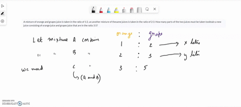 a-mixture-of-orange-and-grapes-juice-is-taken-in-the-ratio-of-12-an-another-mixture-of-thesame-juices-is-taken-in-the-ratio-of-23-how-many-parts-of-the-two-juices-must-be-taken-toobtain-a-ne-40705