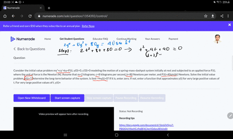 consider-the-initial-value-problem-mycykyft-y00-y00-modeling-the-motion-of-a-spring-mass-dashpot-system-initially-at-rest-and-subjected-to-an-applied-force-ft-where-the-unit-of-force-is-the-79007