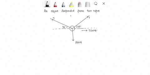 2-b-fig31-shows-an-object-suspended-from-two-ropesthe-weight-of-the-object-is-360n-the-magnitude-of-the-tension-in-each-rope-is-t-45-object-360n-fig31-in-the-space-belowdetermine-the-tension-59807