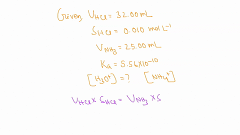 you-require-3200-ml-of-a-0010-mol-l-1-hcl-solution-to-reach-the-equivalence-point-in-the-titration-of-2500-ml-of-an-aqueous-ammonia-nh3-solution-what-are-the-concentrations-of-h3o-and-nh4-at-32314