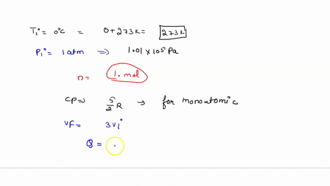 a-mole-of-ideal-monatomic-gas-at-0circ-mathrmc-and-100-mathrmatm-is-warmed-up-to-expand-isobarically-80247