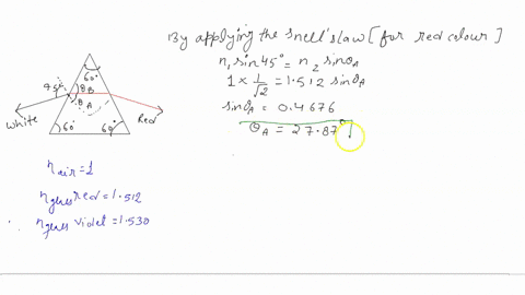 a-narrow-beam-of-white-light-enters-prism-made-of-crown-glass-at-a-45-degree-incident-angle-as-shown-below-at-what-angles-from-perpendicular-to-the-exiting-surface-do-the-red-660-nm-and-viol-20967