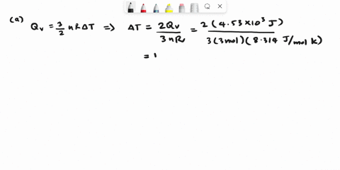 three-moles-of-a-monatomic-ideal-gas-are-heated-at-a-constant-volume-of-112-m3-the-amount-of-heat-added-is-453-x-103j-a-what-is-the-change-in-the-temperature-of-the-gas-b-find-the-change-in-48004