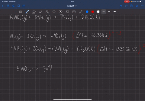 calculate-h-for-the-reaction-6-no2g-8nh3g-7n2g-12-h2ol-n2g-2o2g-2no2g-h-6636-kj-4nh3g-3o2g-2n2g-6h2olh-153036-kj-76931