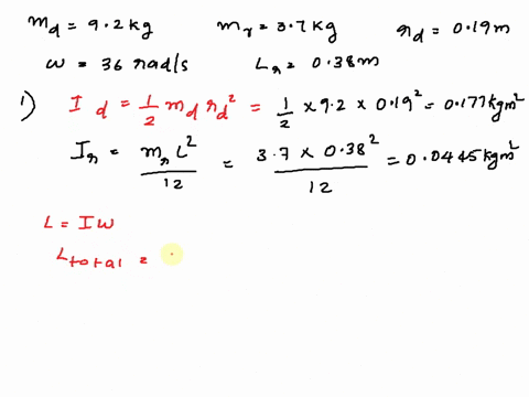 a-solid-disk-of-mass-m1-92-kg-and-radius-r-019-m-is-rotating-with-constant-angular-velocity-of-w-36-rads-a-thin-rectangular-rod-with-mass-m2-37-kg-and-length-l-2r-038-m-begins-at-rest-above-23287
