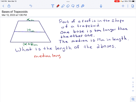 one-lateral-face-of-the-roof-of-the-school-building-is-trapezoid-in-shape-one-of-the-bases-of-this-trapezoid-is-6-m-longer-than-the-other-base-find-the-length-of-the-two-bases-if-the-median-02891