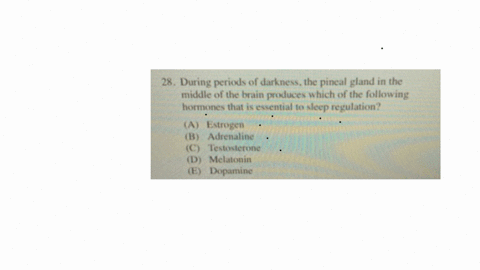 e-mania-28-during-periods-of-darkness-the-pineal-gland-in-the-middle-of-the-brain-produces-which-of-the-following-hormones-that-is-essential-to-sleep-regulation-a-estrogen-b-adremaline-c-testosterone