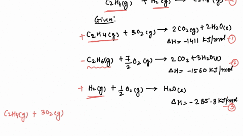 calculate-h-for-the-reaction-c2h4-g-h2-g-c2h6-g-from-the-following-data-c2h4-g-3-o2-g-2-co2-g-2-h2o-l-h-1411-kjmole-c2h6-g-72-o2-g-2-co2-g-3-h2o-l-h-1560-kjmole-h2-g-12-o2-g-h2o-l-h-2858-kjm-46614