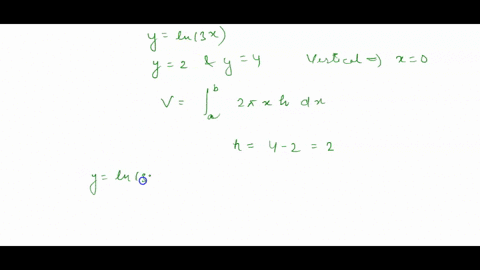 consider-the-solid-obtained-by-rotating-the-region-bounded-by-the-given-curves-about-the-y-axis-y-ln-3x-y-2-y-4-x-0-find-the-volume-v-of-this-solid-57702
