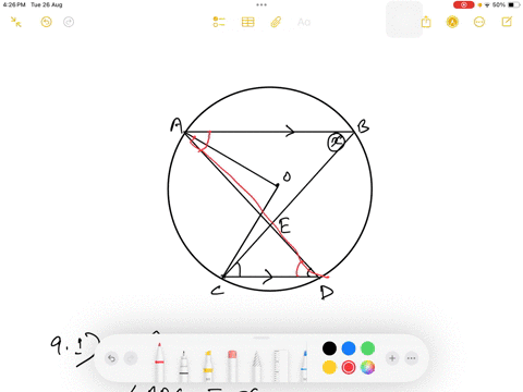 in-the-accompanying-figure-ab-and-cd-are-parallel-chords-of-a-circle-with-centre-0-ad-and-bc-intersect-at-e_-91-if-b-x-name-with-reasons-three-other-angles-each-equal-to-x-92-calculate-aec-i-01446