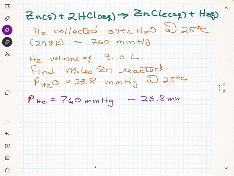 zinc-metal-reacts-with-excess-hydrochloric-acid-to-produce-hydrogen-gas-according-to-the-following-equation-zns-2hclaqzncl2aq-h2g-the-product-gas-h2-is-collected-over-water-at-a-temperature-61124