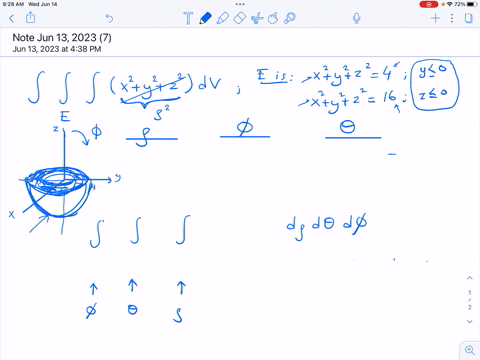 set-up-an-iterated-integral-in-spherical-coordinates-for-the-triple-integralz-z-z-e-x2-y2-z2-dv-where-e-is-the-solid-that-lies-outside-the-sphere-x2-y2-z2-4-and-inside-the-sphere-x2-y2-z2-16-where-y-0