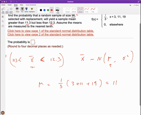 given-the-discrete-uniform-population-shown-to-the-right-find-the-probability-that-a-random-sample-of-size-96-selected-with-replacement-will-yield-a-sample-mean-fx-greater-than-113-but-less-33485