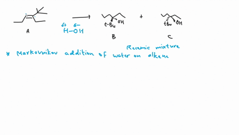 a-indicate-the-reagents-that-can-convert-alkene-mathbfa-into-alcohols-mathbfb-and-mathbfc-racemic-mixture-b-draw-the-newman-projection-of-the-lowest-energy-conformation-of-compound-mathbfb-see-through