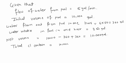 a-swimming-pool-whose-volume-is-10000-gal-contains-water-that-is-002-chlorine-starting-at-t0-city-water-containing-0002-chlorine-is-pumped-into-the-pool-at-a-rate-of-6-galmin-the-pool-water-54916