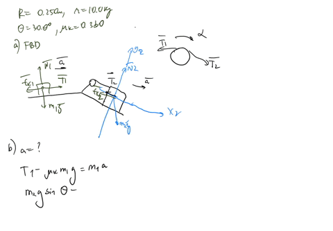 a-block-of-mass-m1-240-kg-and-block-of-mass-m2-595-kg-are-connected-by-massless-string-over-pulley-in-the-shape-of-solid-disk-having-radius-r-0250-m-and-mass-m-100-kg-the-fixed-wedge-shaped-44896