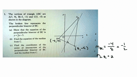the-vertices-of-triangle-abc-are-a-9-b-3-1-and-c5-5-shown-in-the-diagram-the-broken-line-represents-the-perpendicular-bisector-of-bc-a-show-that-the-equation-of-the-perpendicular-bisector-o-19795