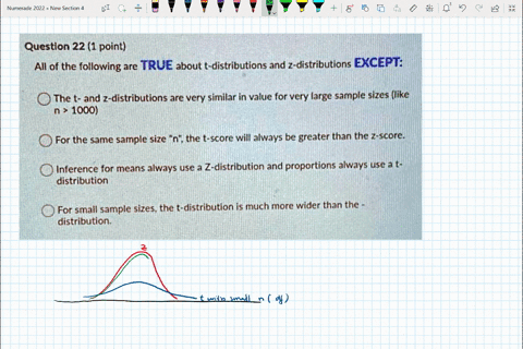 question-22-1-point-all-of-the-following-are-true-about-t-distributions-and-z-distributions-except-the-t-and-z-distributions-are-very-similar-in-value-for-very-large-sample-sizes-like-1000-f-55933