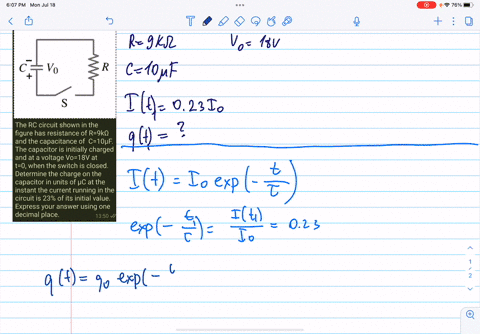 vo-r-s-the-rc-circuit-shown-in-the-figure-has-resistance-of-r-9kq-and-the-capacitance-of-c-1opf-the-capacitor-is-initially-charged-and-at-a-voltage-vo-8v-at-t-0when-the-switch-is-closed-dete-52262