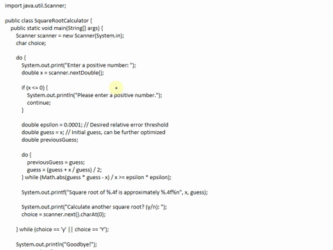your-first-job-is-to-create-a-java-program-that-repeatedly-asks-the-user-whether-they-wish-to-calculate-another-square-root-if-the-response-is-y-then-the-program-should-proceed-if-it-is-anyt-10672