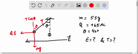 a-small-sphere-of-charge-q-65-c-and-mass-m-55-g-is-attached-to-a-light-string-and-placed-in-a-uniform-electric-field-ethat-makes-an-angle-42-with-the-horizontal-the-opposite-end-of-the-strin-63227