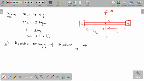 a-light-rod-of-length-l-100-m-rotates-about-an-axis-perpendicular-to-its-length-and-passing-through-its-center-as-in-the-figure-below-two-particles-of-masses-m1-420-kg-and-m2-300-kg-are-conn-84326