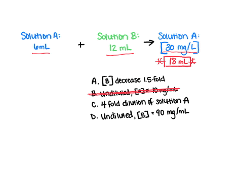 six-ml-of-solution-a-is-mixed-with-12-ml-of-solution-b-following-the-dilution-solution-a-has-a-concentration-of-30-mgl-which-statement-about-this-dilution-is-correct-a-the-concentration-of-solution-b-