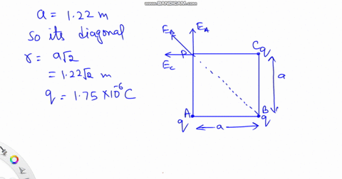 calculate-the-magnitude-of-the-electric-field-at-one-corner-of-a-square-122-m-on-a-side-if-the-other-three-corners-are-occupied-by-175106-c-charges-what-is-the-direction-of-the-electric-fiel-97803