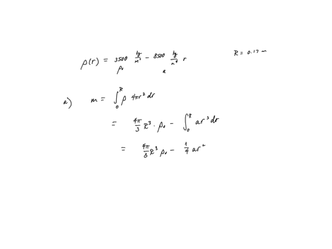 a-sphere-with-radius-0170-m-has-density-that-decreases-with-distance-r-from-the-center-of-the-sphere-according-to-350103kgm3850103kgm4r-a-calculate-the-total-mass-of-the-sphere-express-your-27387