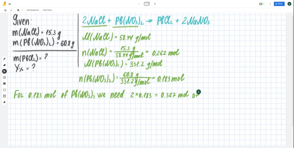In a reaction of 15.3 g of NaCl with 60.8 g of Pb(NO3)2, how many grams