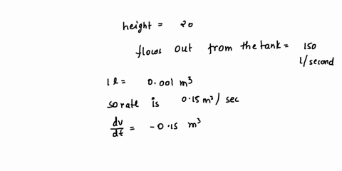 an-inverted-conical-tank-has-a-base-radius-of-10-m-and-a-height-of-20-m-water-flows-out-from-the-tank-at-150-liters-per-second-how-fast-is-the-water-surface-falling-when-the-depth-of-the-wat-26755