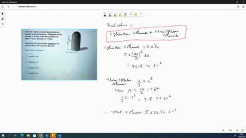 a-silo-for-a-farm-is-created-by-combining-cylinder-and-a-hemisphere-the-height-of-the-cylinder-is-30-feet-both-the-cylinder-and-sphere-have-a-diameter-of-14-feet-determine-the-approximate-vo-17486