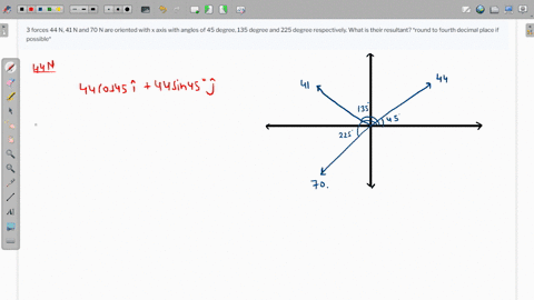 3-forces-44-n-41-n-and-70-n-are-oriented-with-x-axis-with-angles-of-45-degree-135-degree-and-225-degree-respectively-what-is-their-resultant-round-to-fourth-decimal-place-if-possible-66878