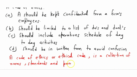 a-code-of-ethics-a-should-be-kept-confidential-from-a-firms-employees-b-should-be-limited-to-a-list-of-dos-and-donts-c-should-include-operations-schedule-of-day-to-day-activities-d-should-be-01754