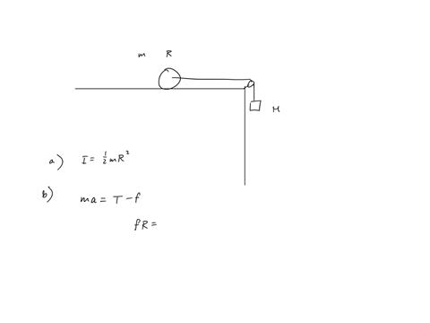 cylinder-with-mass-m-and-radius-is-pulled-by-a-string-that-acts-on-its-central-axle-and-rolls-without-slipping-along-a-table-the-string-passes-over-an-ideal-massless-frictionless-pulley-and-48505