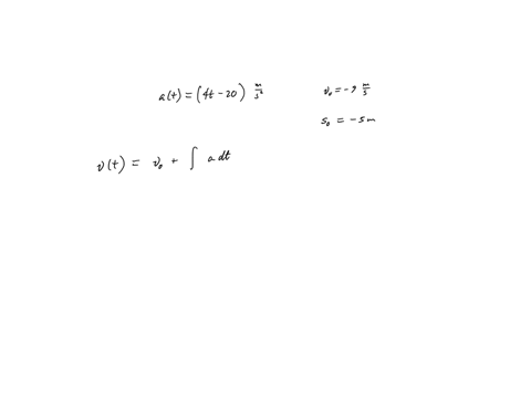 the-acceleration-of-a-particle-is-given-by-a-4t-20-where-a-is-in-meters-per-second-squared-and-t-is-in-seconds-determine-the-velocity-and-displacement-as-functions-of-time-the-initial-displacement-at-