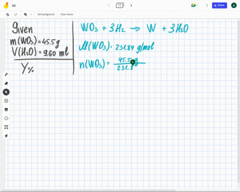 what-is-the-percent-yield-of-a-reaction-in-which-455-g-of-tungstenvi-oxide-wo3-reacts-with-excess-hydrogen-gas-to-produce-metallic-tungsten-and-960-ml-of-water-d-5-100-gml-86239