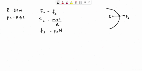 a-car-makes-turn-with-the-radius-of-80-m_-if-the-coefficient-of-static-friction-between-the-tires-and-the-road-is-082-what-is-the-maximum-velocity-such-that-the-car-will-not-slide-off-the-ro-14444