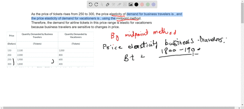 as-the-price-of-tickets-rises-from-250-to-300-the-price-elasticity-of-demand-for-business-travelers-is-and-the-price-elasticity-of-demand-for-vacationers-is-using-the-midpoint-method-therefore-the-dem
