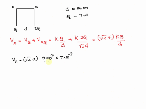 the-two-charges-in-the-figure-below-are-separated-by-a-distance-d-550-cm-and-q-710-nc-a-square-of-side-length-d-has-positive-charge-q-at-its-bottom-left-corner-and-positive-charge-2q-at-its-03835