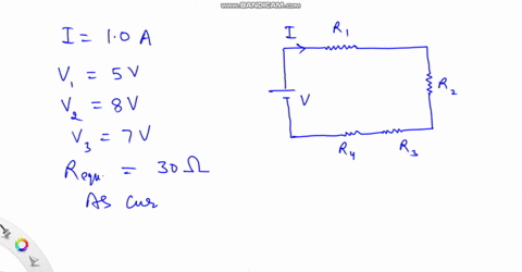 the-current-flowing-in-a-circuit-containing-four-resistors-connected-in-series-is-10-a_-the-potential-drops-across-the-first-second-and-third-resistors-are-respectively-v-v-v-8-v-and-vtv-the-66963