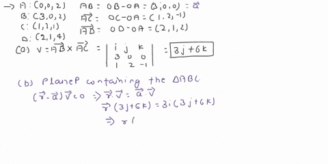 q1-given-the-points-a-002-b-302-c-121-and-d-214-find-the-ctoss-product-u-ab-x-ac-find-the-equation-of-the-plane-p-containing-the-triangle-with-vertices-ab-and-c-find-the-unit-normal-vector-t-47753