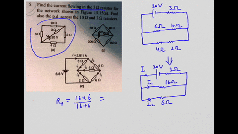 figure1514-5-find-the-current-flowing-in-the-3-resistor-for-the-network-shown-in-figure-1515afind-also-the-pdacross-the-102-and-22-resistors-1092-602-60l-122-20v-3002-150-a-b-12011a-302-40-1-47392