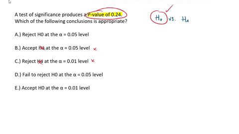 a-test-of-significance-produces-a-p-value-of-024-which-of-the-following-conclusions-is-appropriate-a-reject-h0-at-the-005-level-b-accept-ha-at-the-005-level-c-reject-ha-at-the-001-level-d-fa-97525