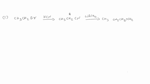give-the-structures-of-products-a-b-and-c-in-the-following-reactionsi-ch3ch2br-kcna-lialh4b-0ochno2c-ii-ch3cooh-nh3a-naoh-br2b-chcl3-alckohc-89739