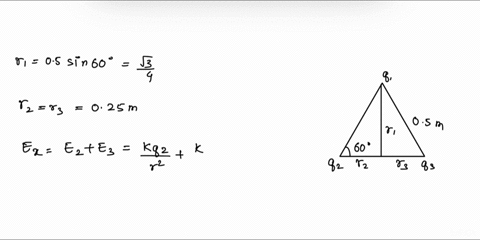 1-three-charges-are-at-the-corners-of-an-equilateral-triangle-as-shown-in-the-figure-below-calculate-the-electric-field-at-a-point-midway-between-the-two-charges-on-the-x-axis-let-q1-250-c-q-29697